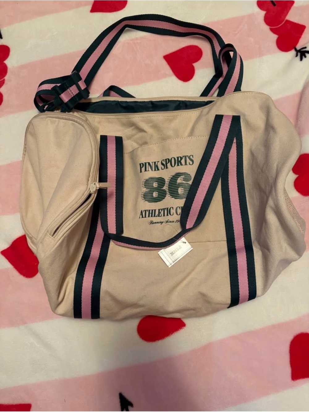PINK Victoria's Secret Beige Canvas Tote with Pink & Black Straps